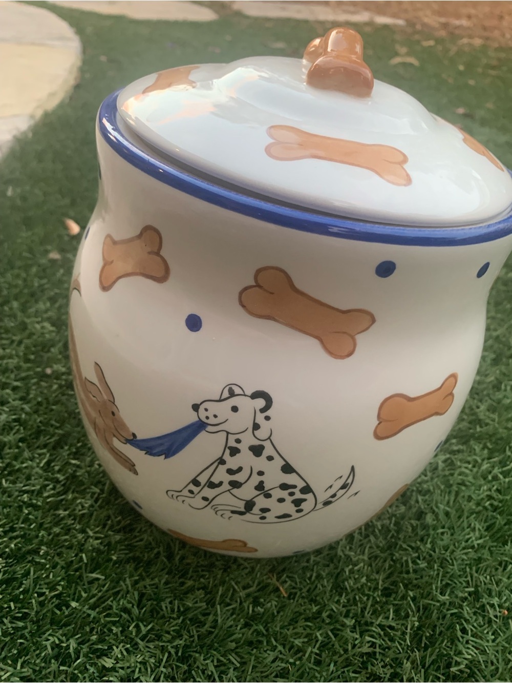 Inspirado Stonelite Dog Treat Jar with Blue Trim and Tan Bone Motifs